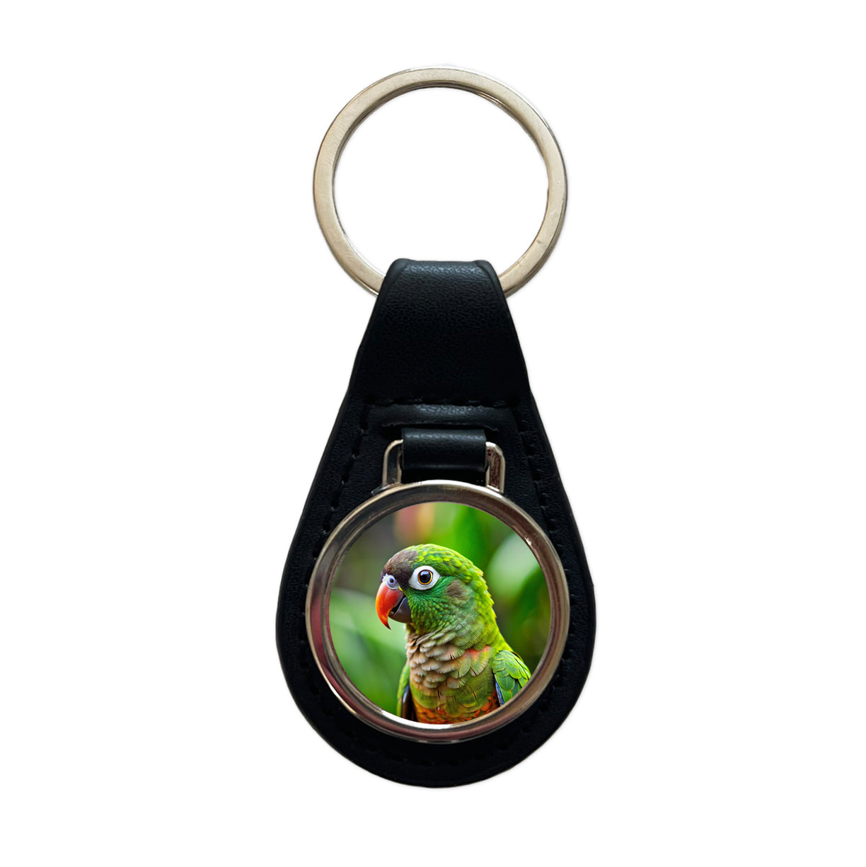 Green Conure Parakeet Bird Black Leather Metal Keychain