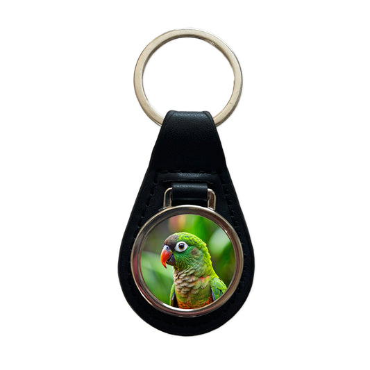 Green Conure Parakeet Bird Black Leather Metal Keychain