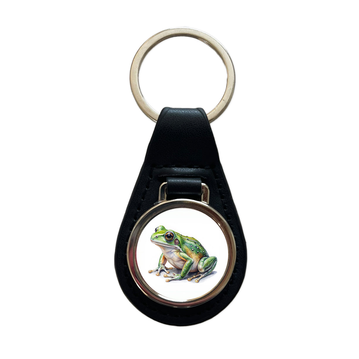 Green Frog Watercolor Black Leather Metal Keychain