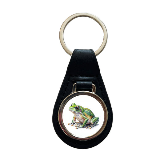 Green Frog Watercolor Black Leather Metal Keychain
