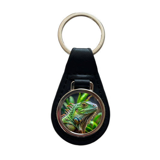 Green Iguana Lizard Reptile Black Leather Metal Keychain