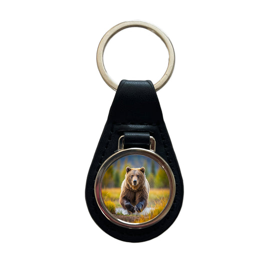 Grizzly Bear Chasing You Black Leather Metal Keychain