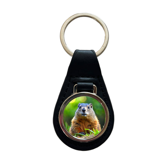 Groundhog Black Leather Metal Keychain