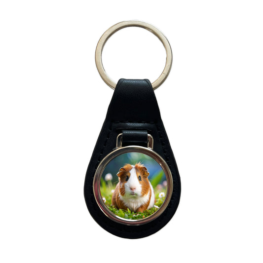 Guinea Pig Black Leather Metal Keychain