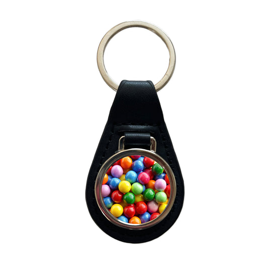 Gumballs Colorful Candy Black Leather Metal Keychain