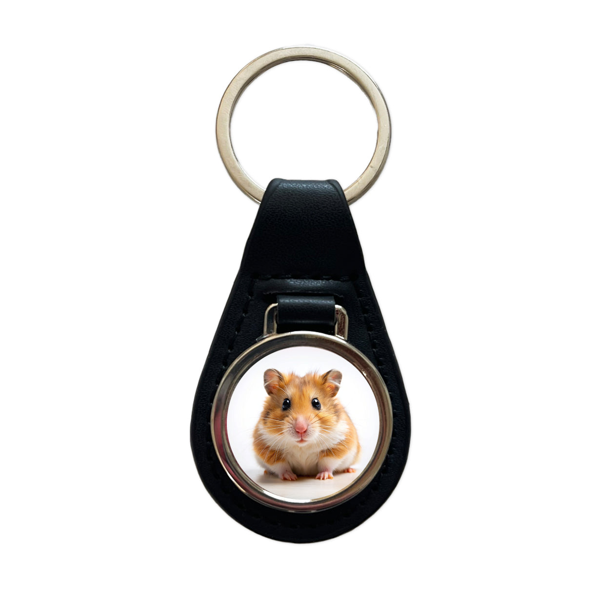 Hamster Black Leather Metal Keychain
