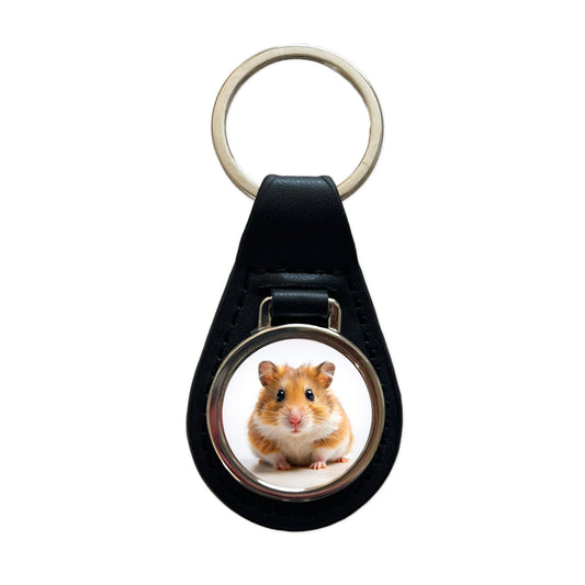 Hamster Black Leather Metal Keychain