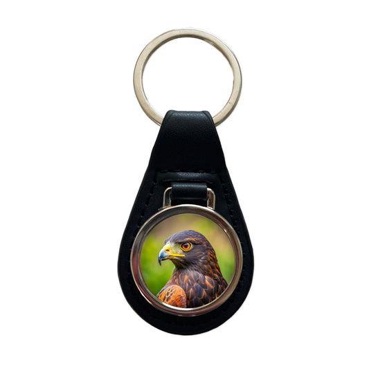 Harris's Hawk Raptor Bird Of Prey Black Leather Metal Keychain