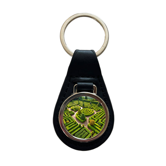 Hedge Garden Maze Black Leather Metal Keychain