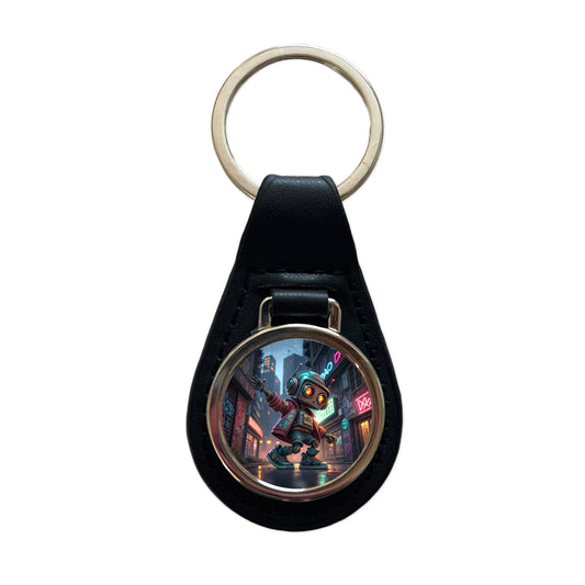 Hip Hop Sci-fi Dancing Robot Black Leather Metal Keychain