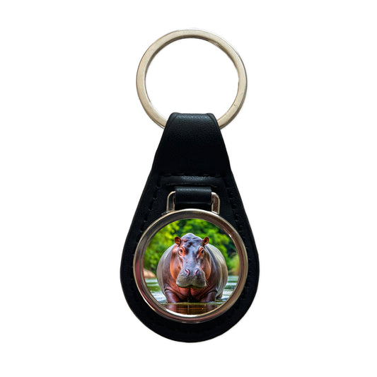 Hippopotamus Black Leather Metal Keychain