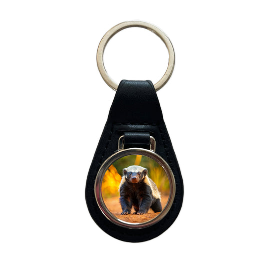 Honey Badger Black Leather Metal Keychain