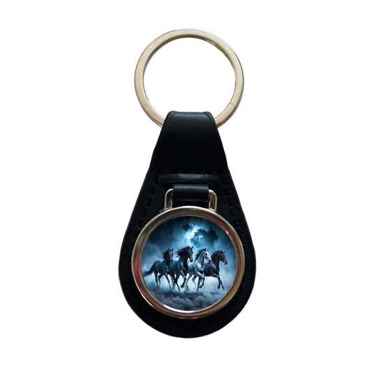 Horses Galloping Out Of The Night Mists Black Leather Metal Keychain