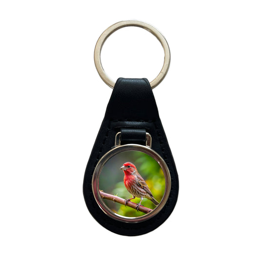 House Finch Backyard Bird Black Leather Metal Keychain