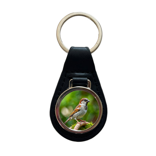 House Sparrow Backyard Bird Black Leather Metal Keychain