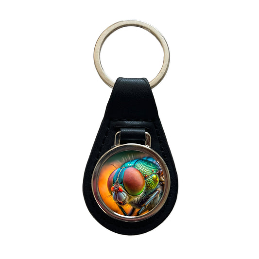 Housefly Fly Eyes Close-up Black Leather Metal Keychain