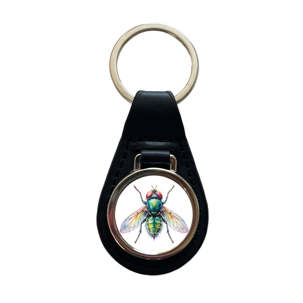 Housefly Fly Watercolor Black Leather Metal Keychain