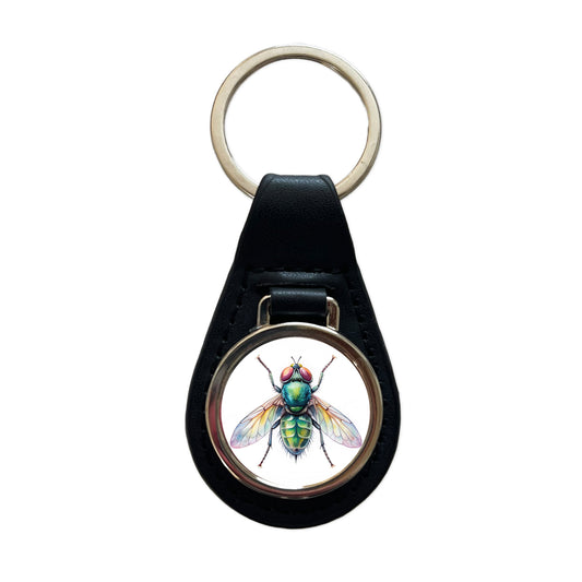 Housefly Fly Watercolor Black Leather Metal Keychain