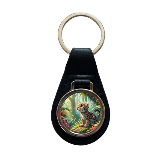 Jaguar Cat In Jungle Children's Illustration Style Black Leather Metal Keychain
