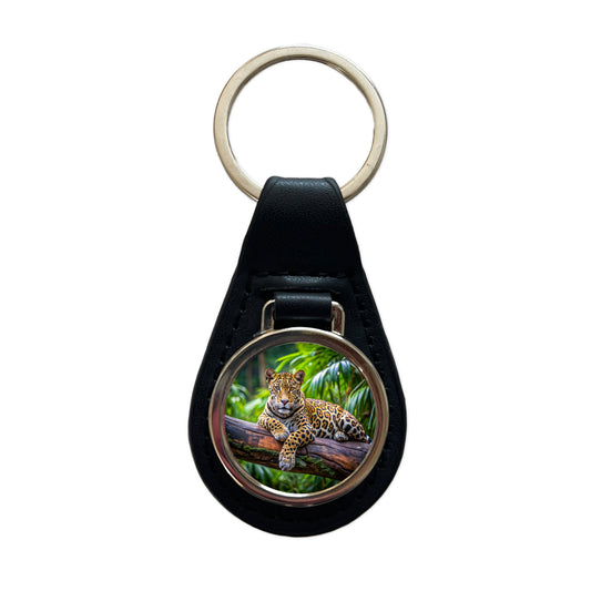 Jaguar Lying On Tree Limb In Jungle Black Leather Metal Keychain