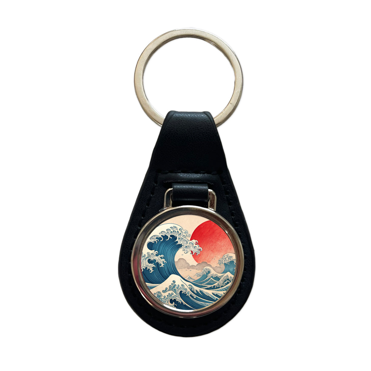 Japanese Blue Ocean Waves Large Sun Black Leather Metal Keychain
