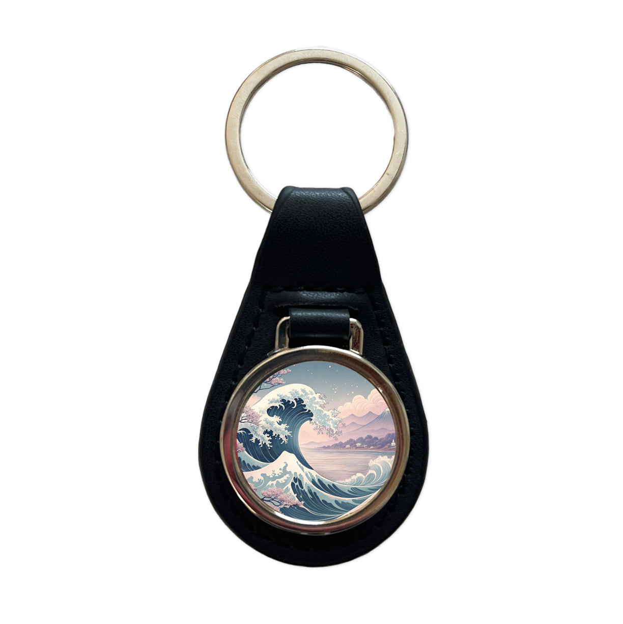 Japanese Blue Pink Ocean Waves and Sakura Blossoms Black Leather Metal Keychain