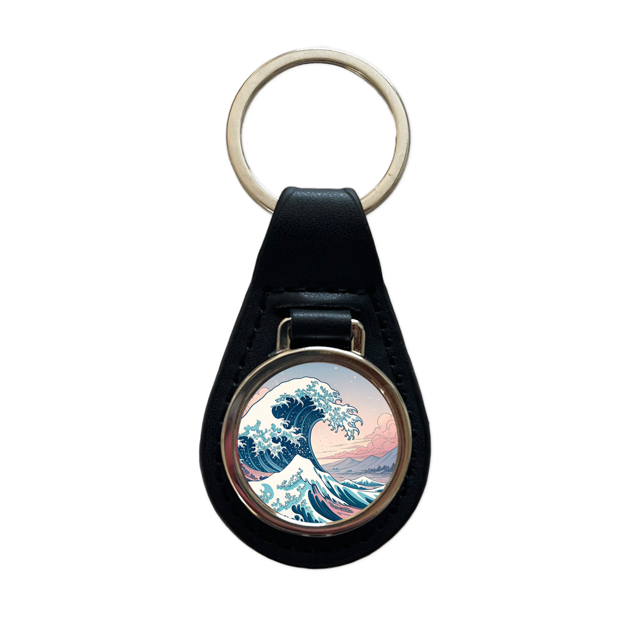 Japanese Blue Pink Ocean Waves Black Leather Metal Keychain