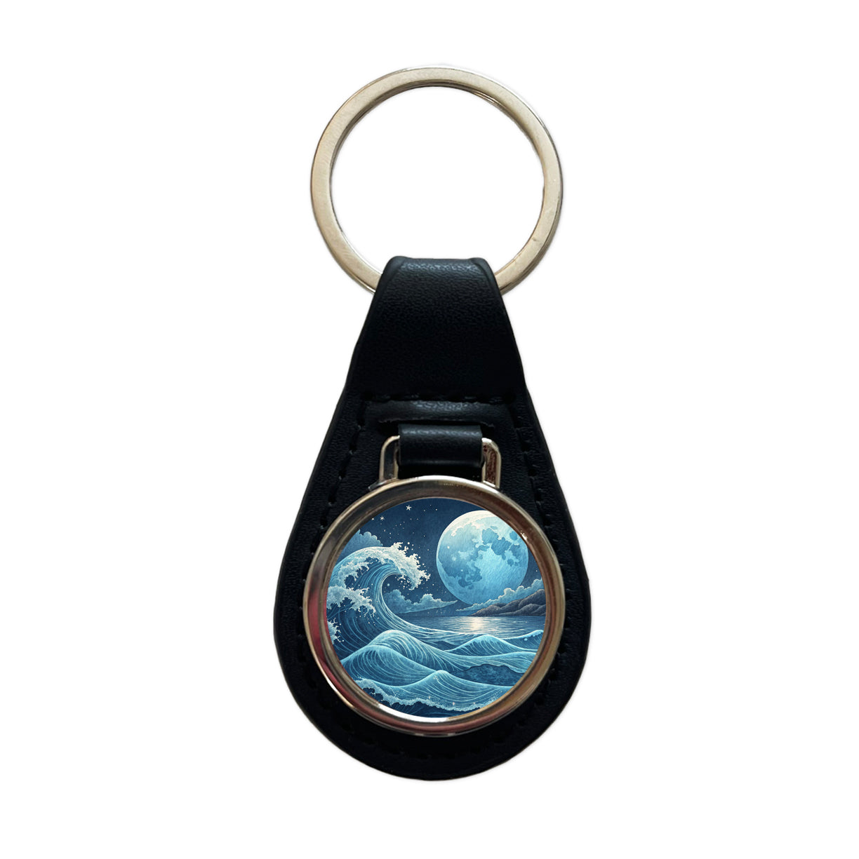 Japanese Ocean Waves Under Large Moon Black Leather Metal Keychain