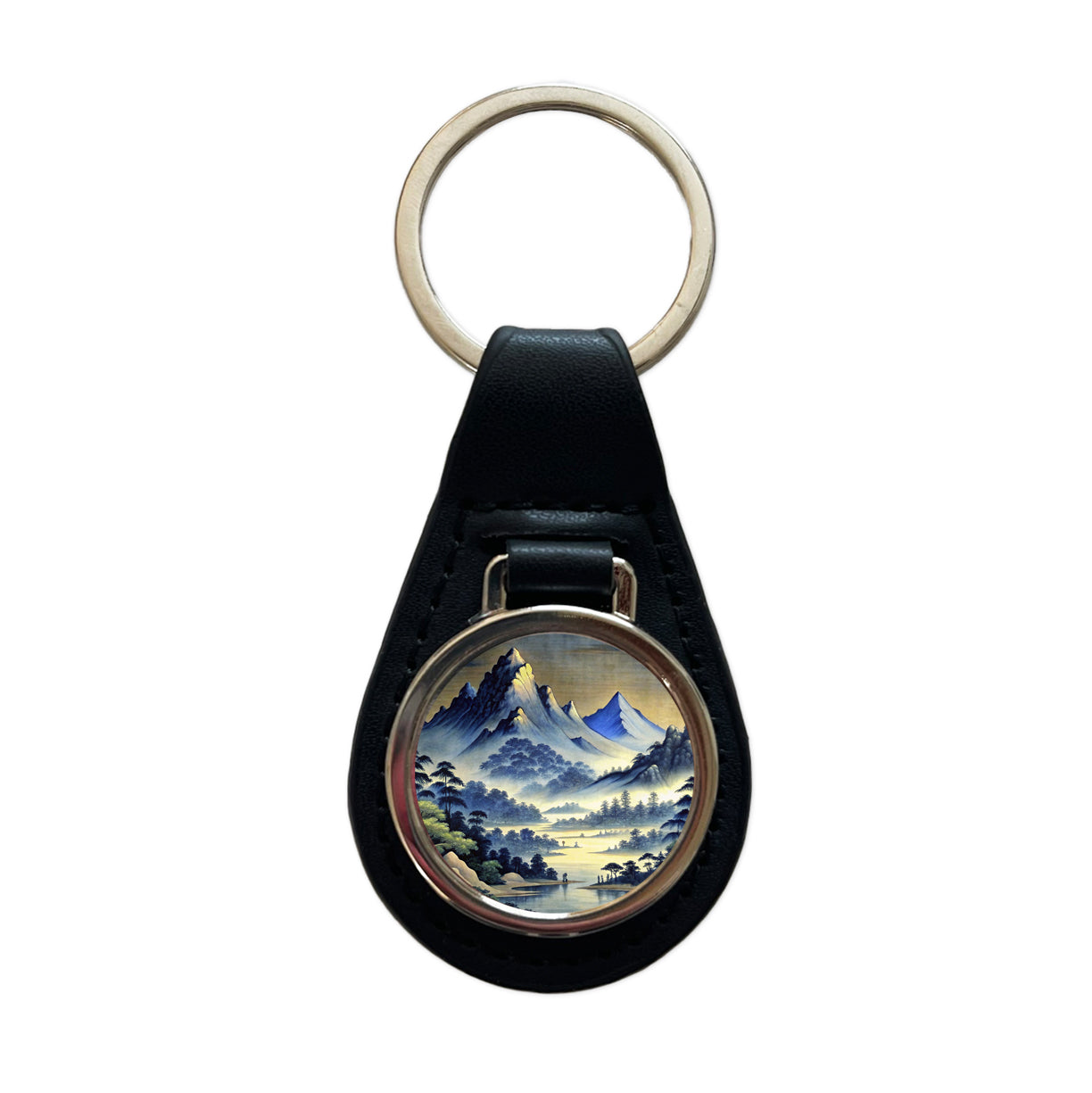 Japanese Style Ink Painting Landscape Mountains At Night Black Leather Metal Keychain