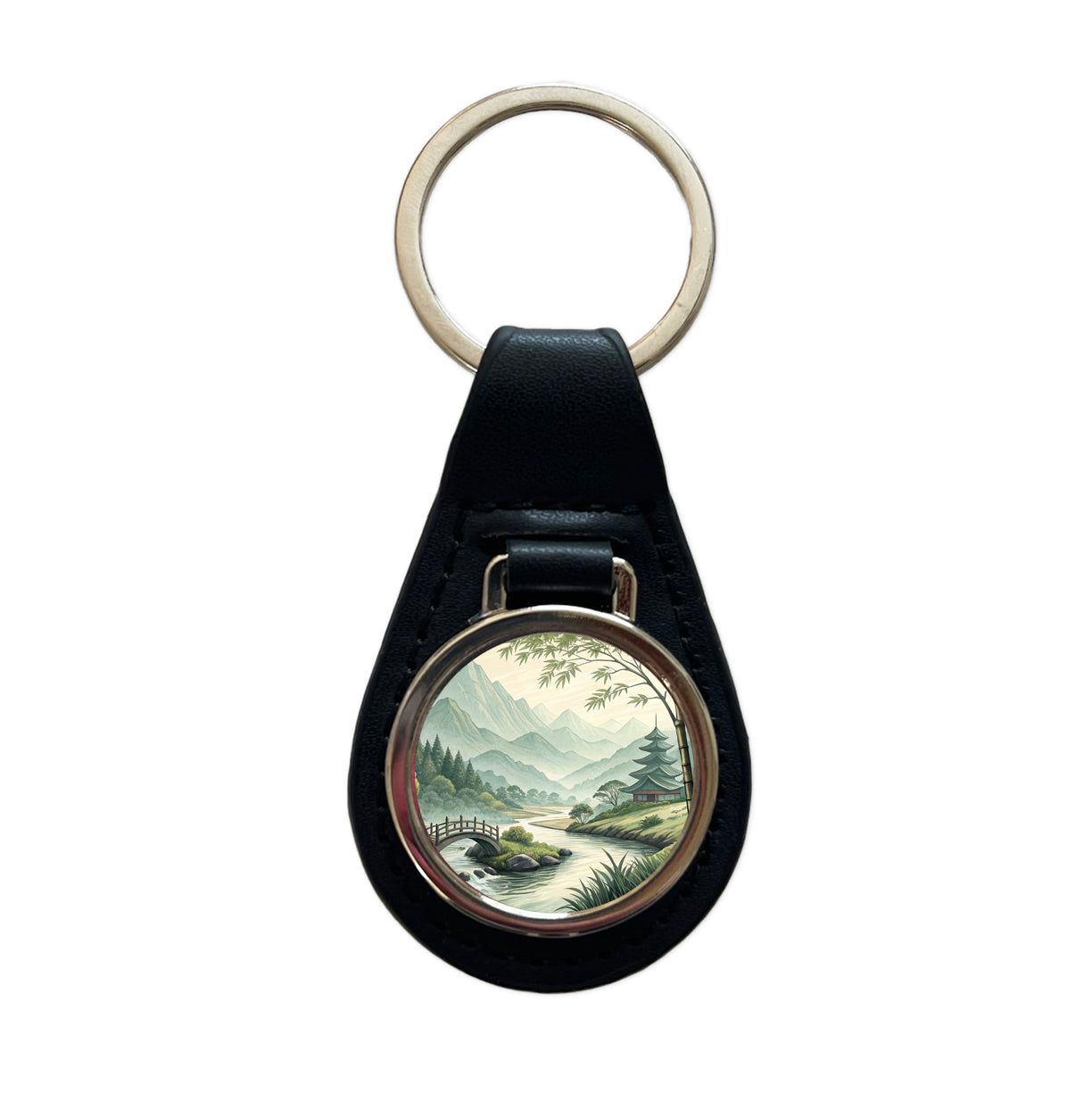 Japanese Style Ink Painting Landscape Black Leather Metal Keychain