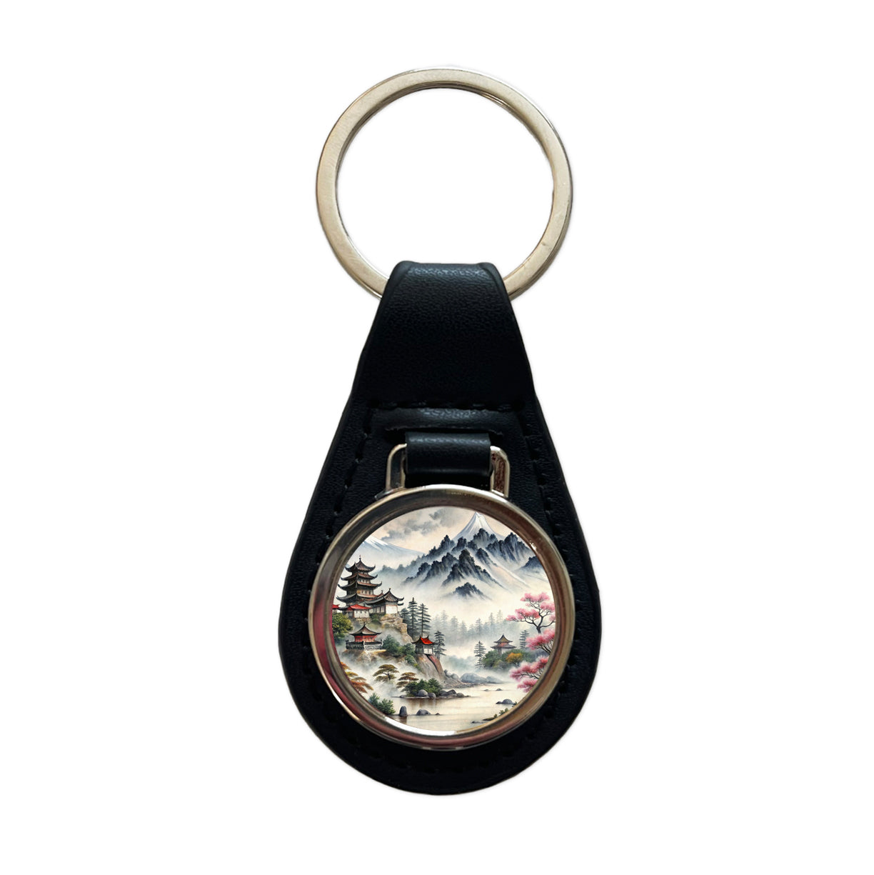 Japanese Style Ink Painting Mountain Landscape Black Leather Metal Keychain