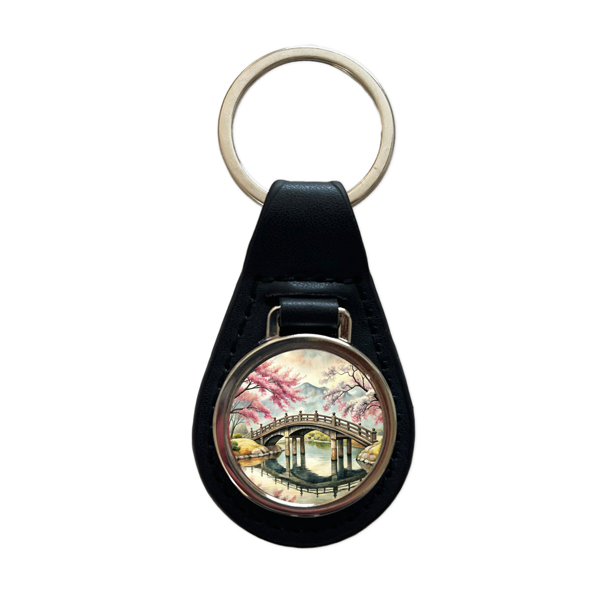 Japanese Style Ink Painting Sakura Trees Bridge Water Landscape Black Leather Metal Keychain