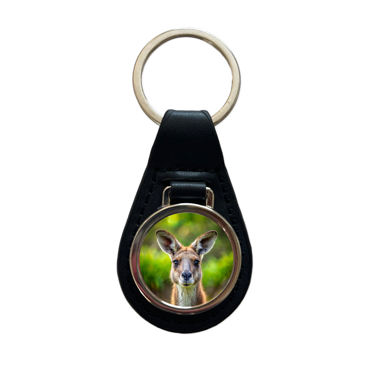 Kangaroo Face Black Leather Metal Keychain