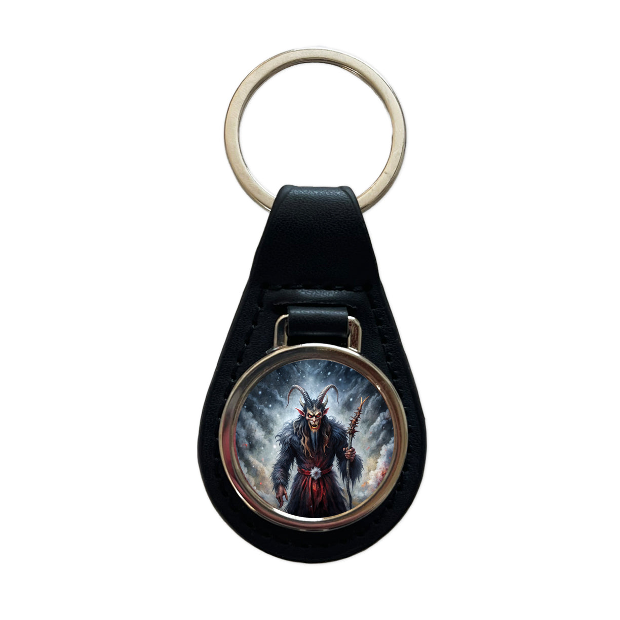 Krampus Black Watercolor Background Black Leather Metal Keychain