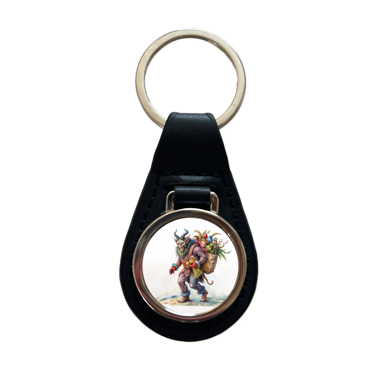 Krampus Carrying Bag Of Children Illustration Black Leather Metal Keychain
