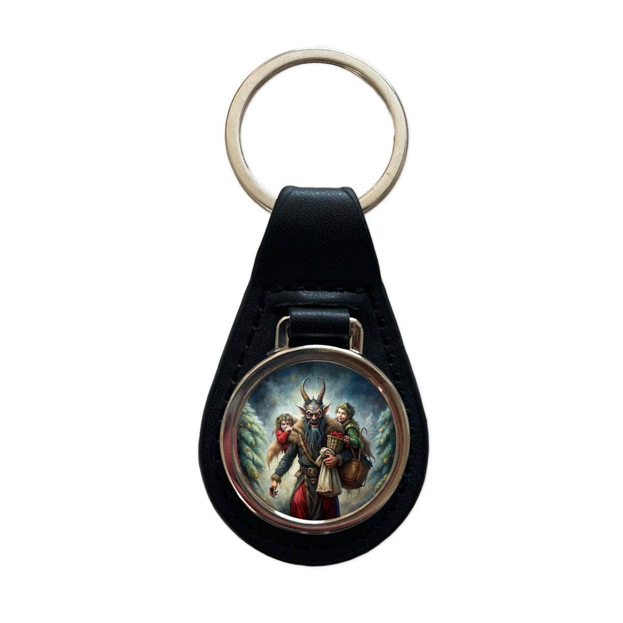 Krampus Carrying Stolen Children at Christmas Black Leather Metal Keychain