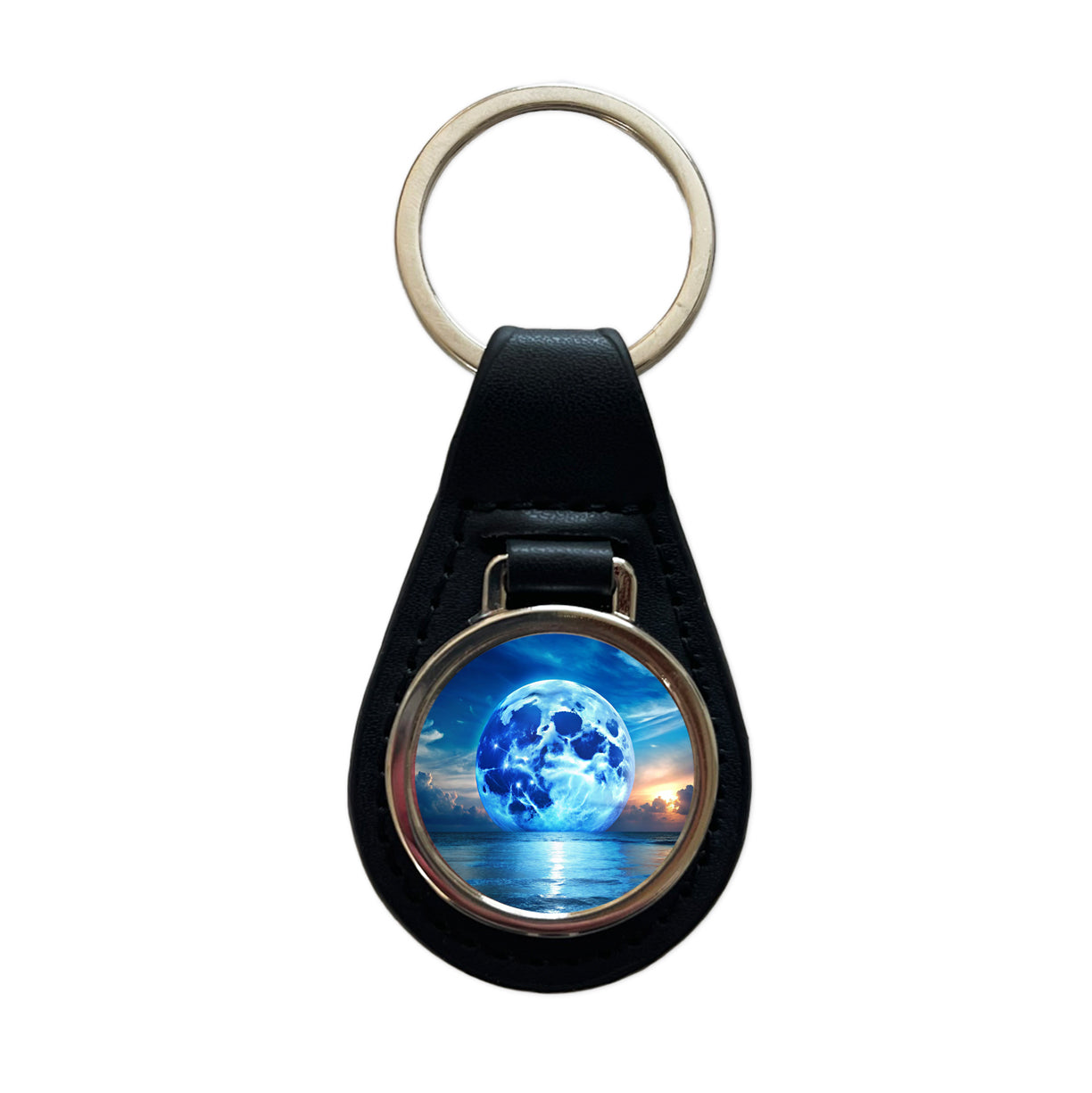 Large Blue Moon Over The Ocean Horizon Black Leather Metal Keychain