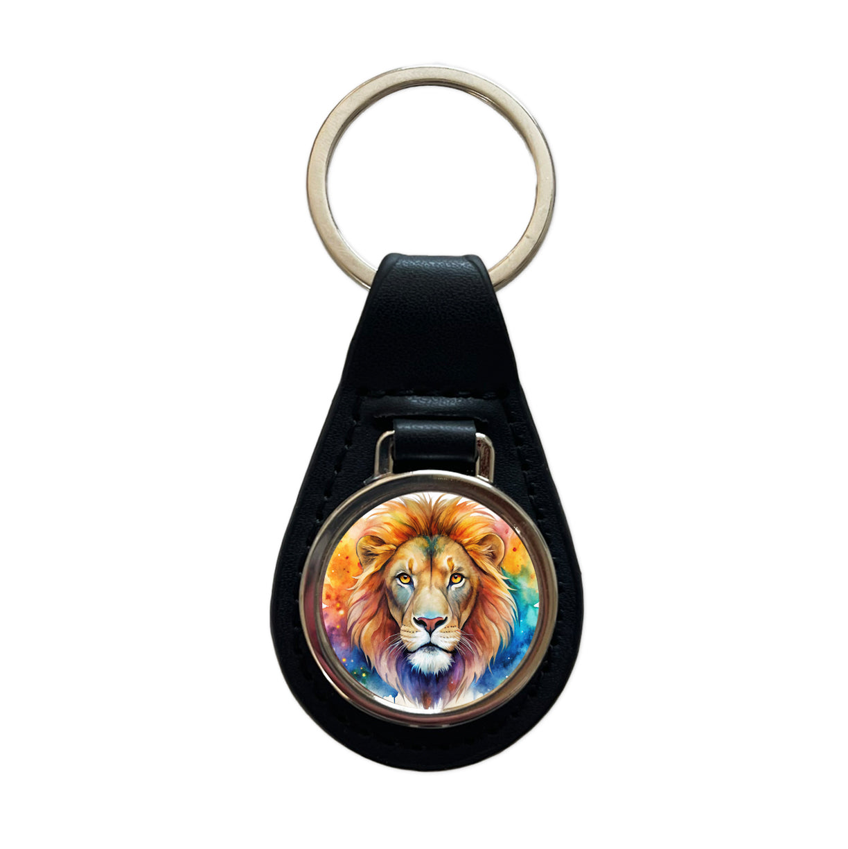 Lion Face Watercolor Black Leather Metal Keychain