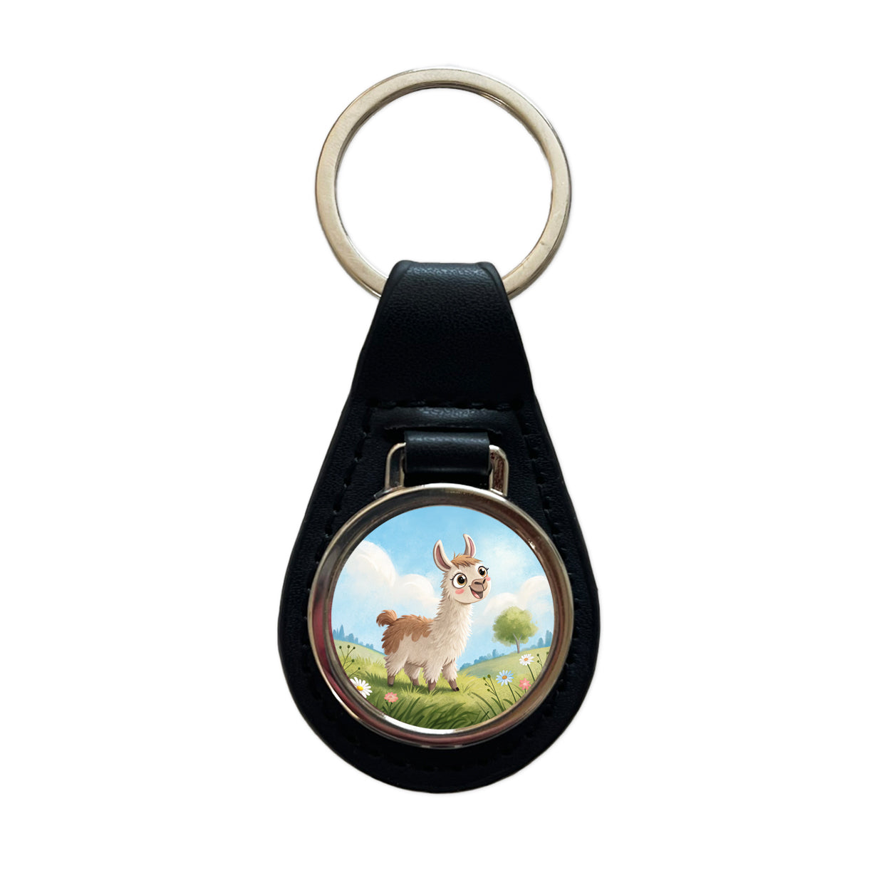 Llama Children's Illustration Style Black Leather Metal Keychain