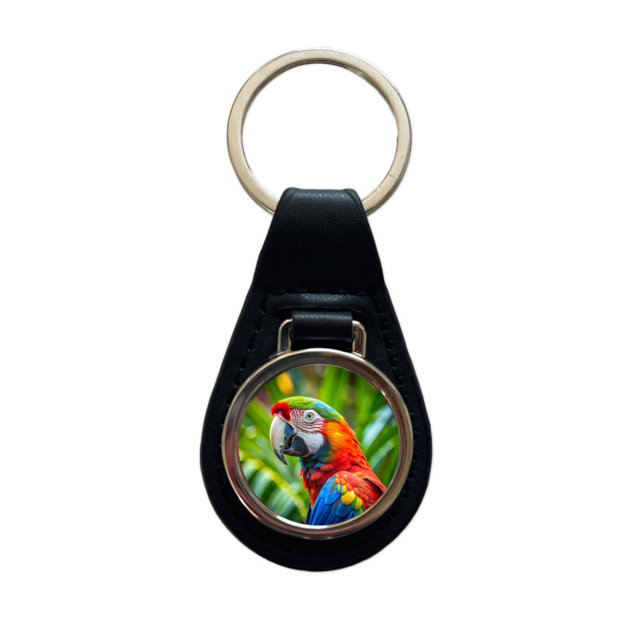 Macaw Parrot Bird Black Leather Metal Keychain
