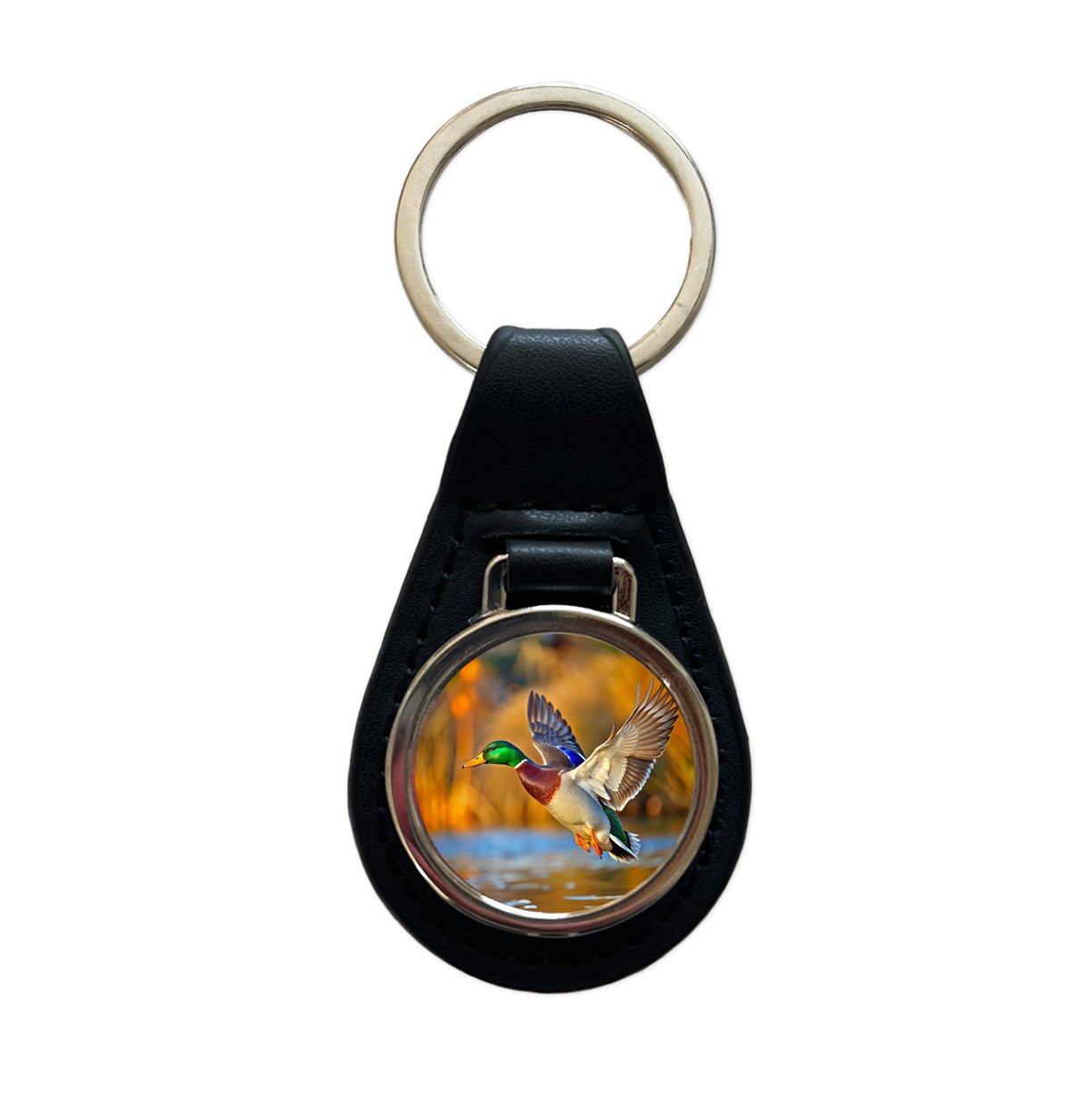 Mallard Duck Flying Black Leather Metal Keychain