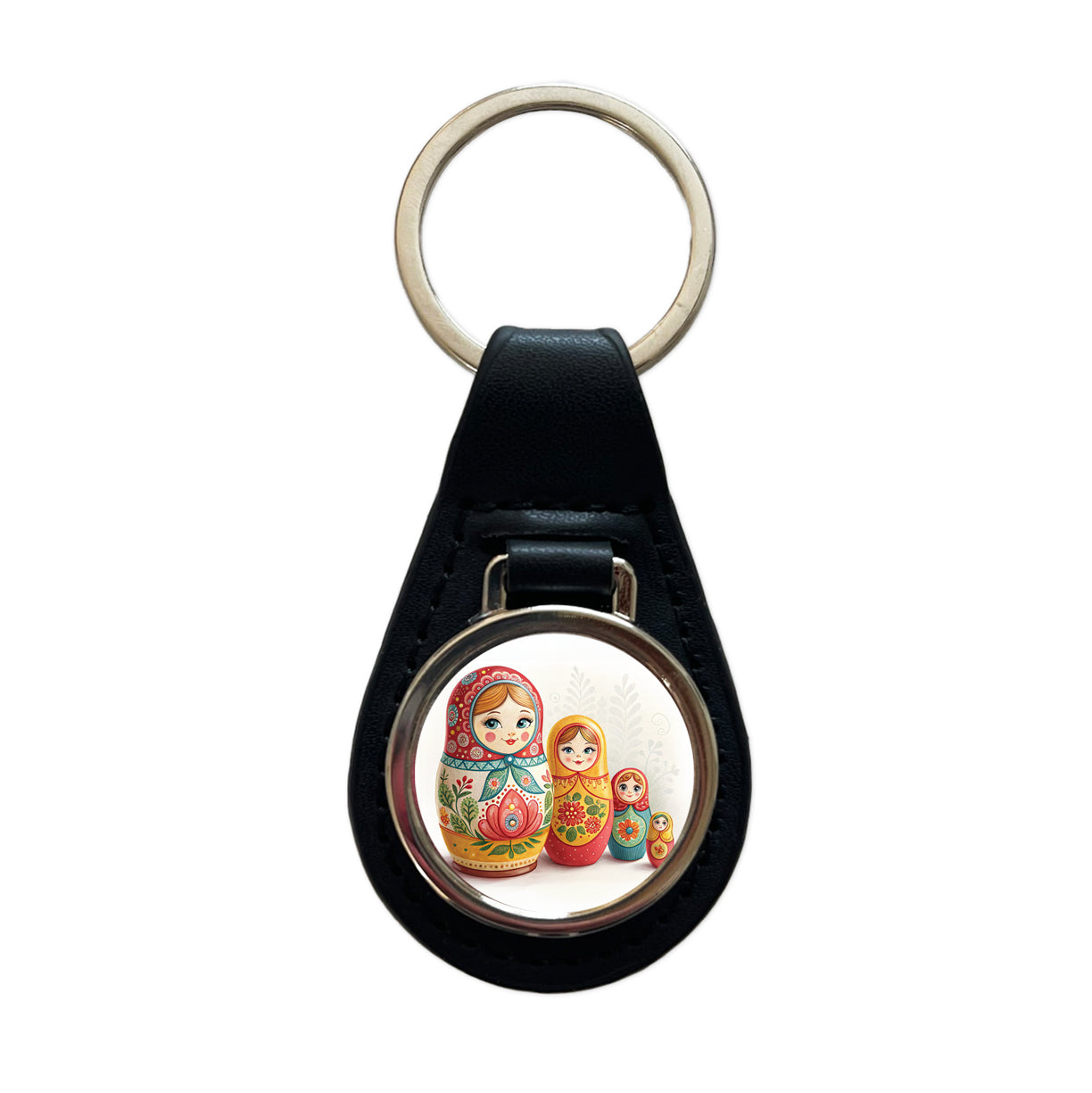 Matryoshka Russian Nesting Dolls Black Leather Metal Keychain