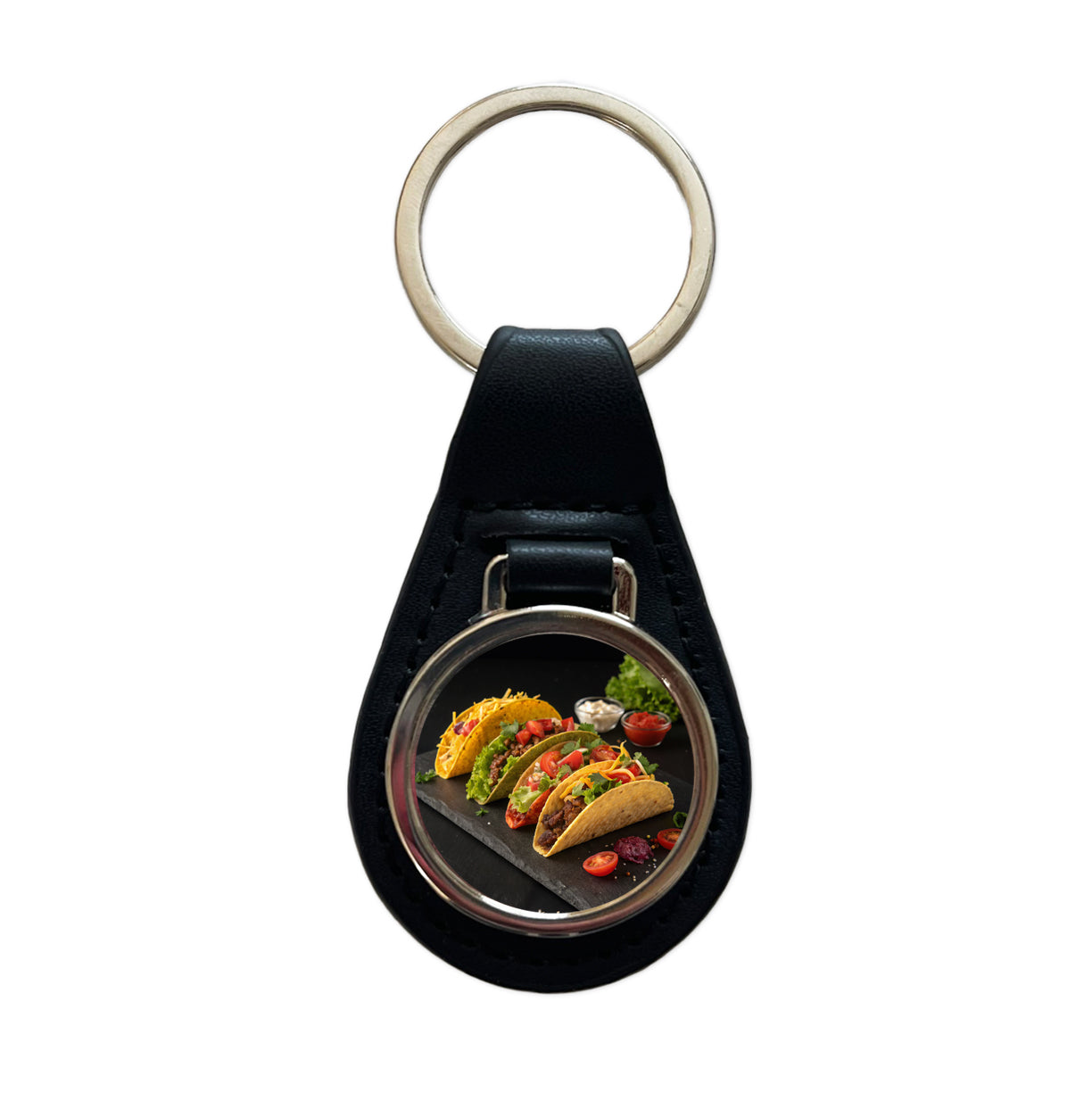 Mexican Tacos Black Leather Metal Keychain