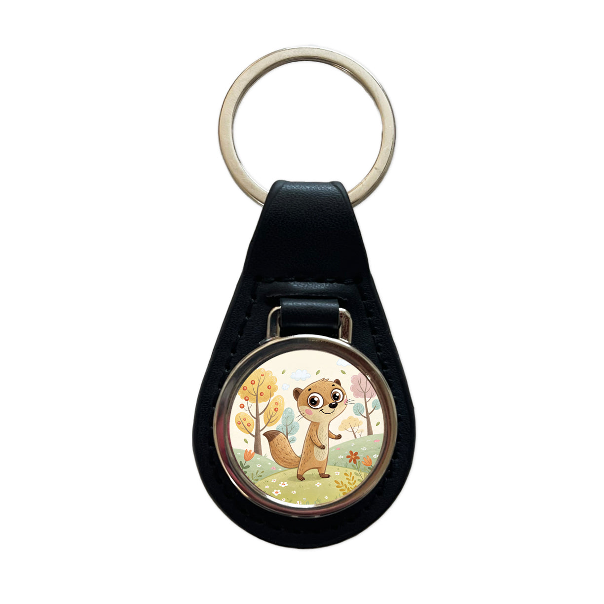 Mongoose Children's Illustration Style Black Leather Metal Keychain