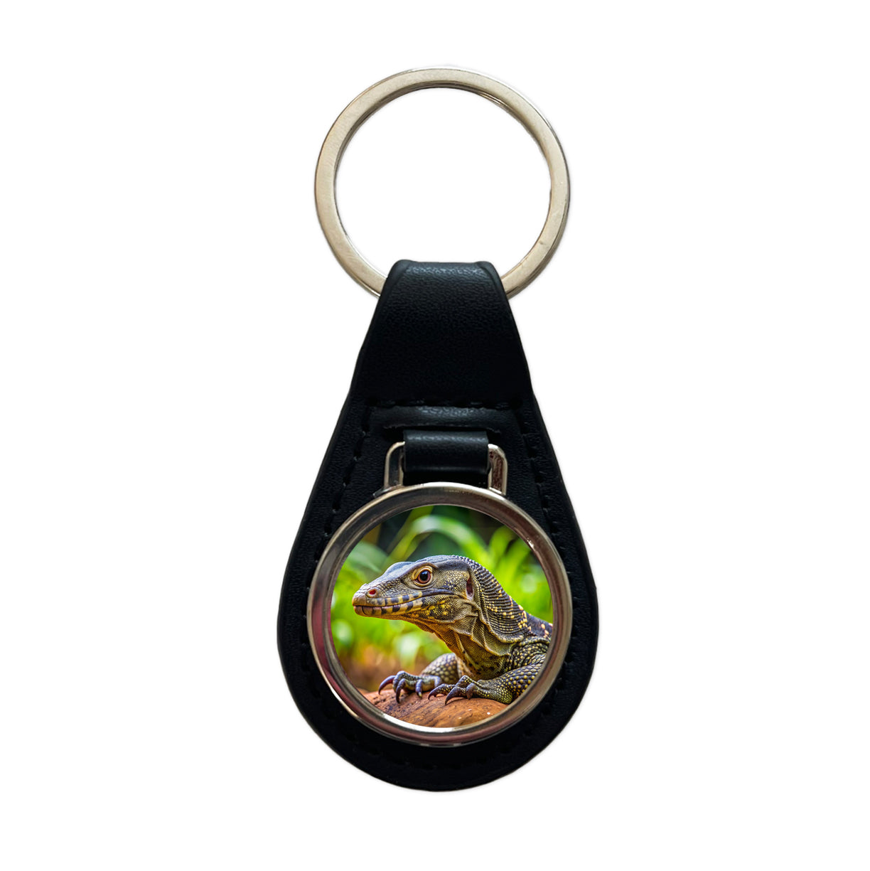Monitor Lizard Reptile Black Leather Metal Keychain