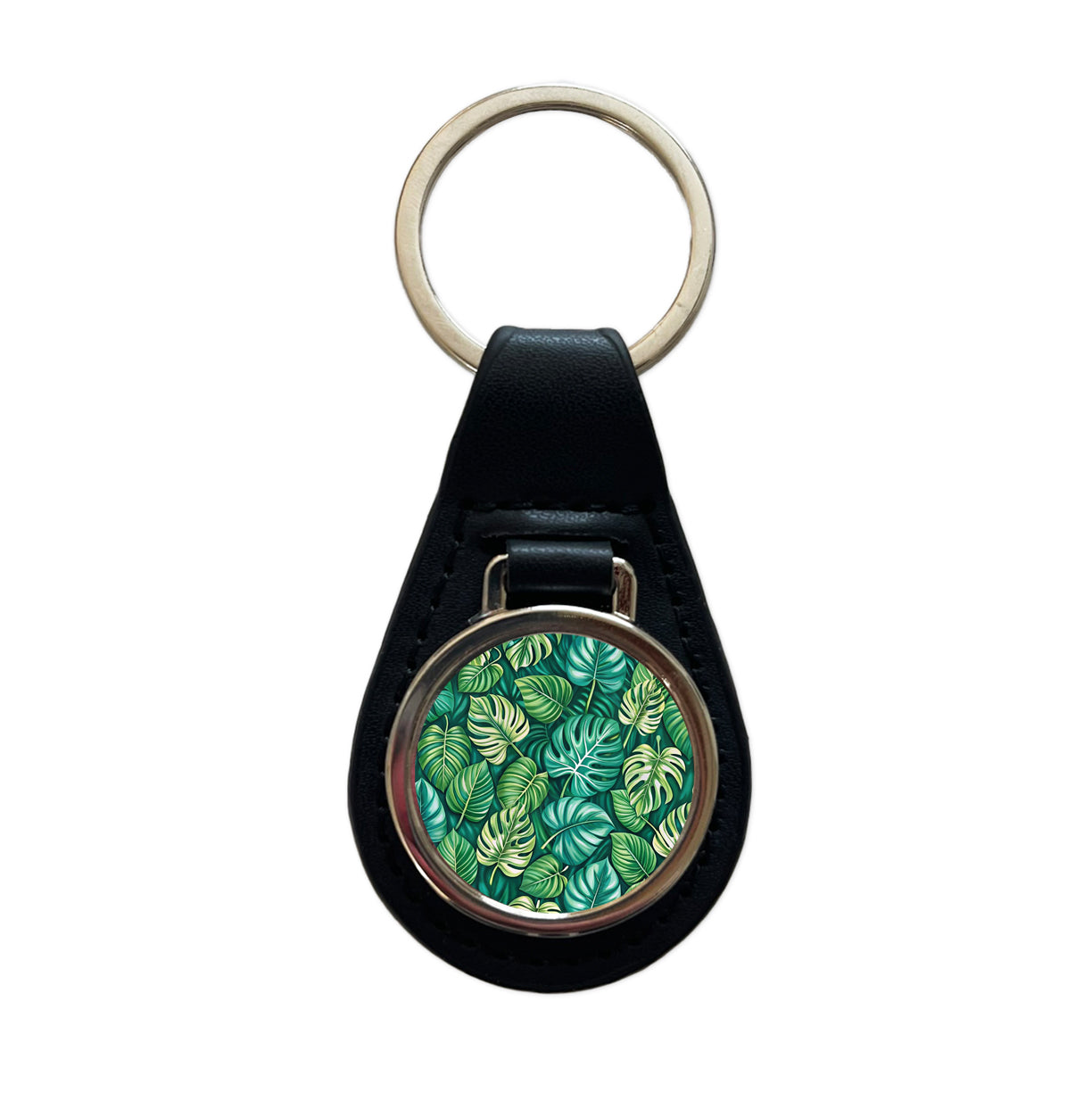 Monstera Leaves Pattern Black Leather Metal Keychain
