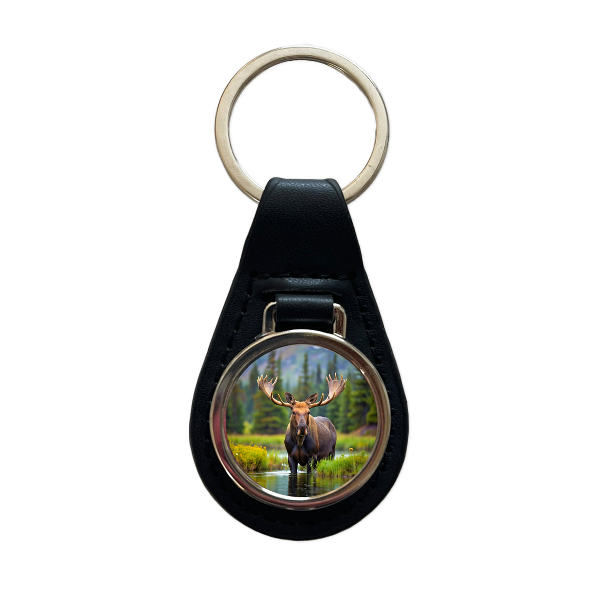 Moose Black Leather Metal Keychain