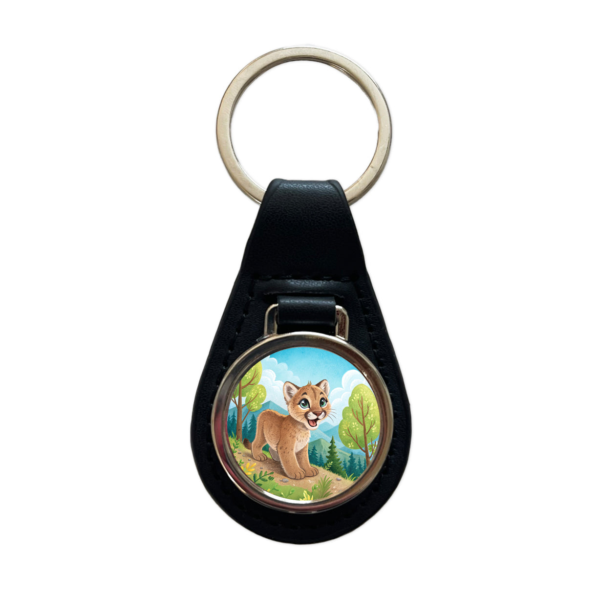 Mountain Lion Cougar Children's Illustration Style Black Leather Metal Keychain