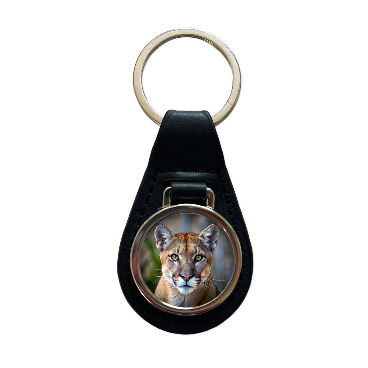 Mountain Lion Cougar Face Black Leather Metal Keychain