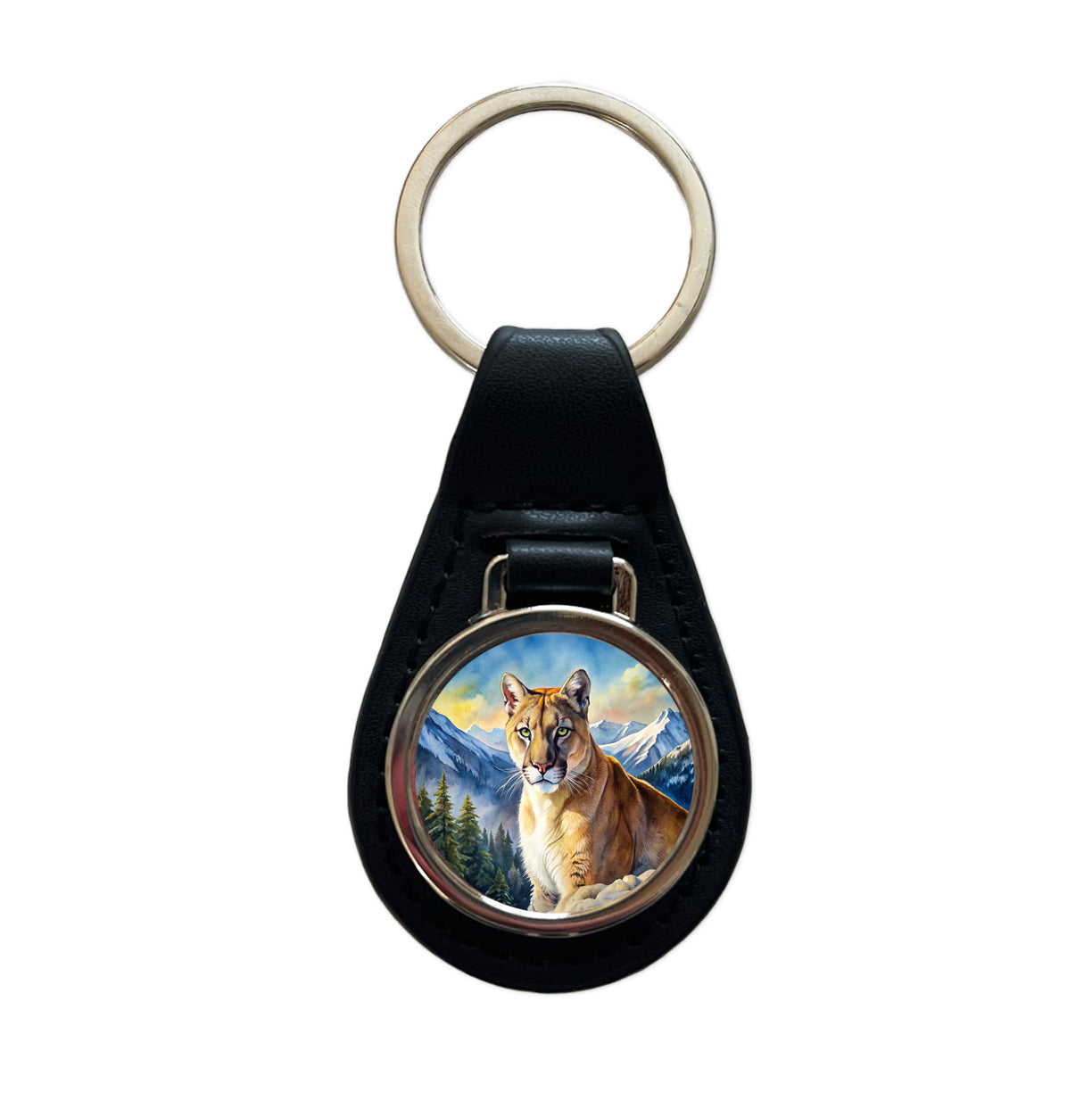 Mountain Lion Cougar Watercolor Black Leather Metal Keychain